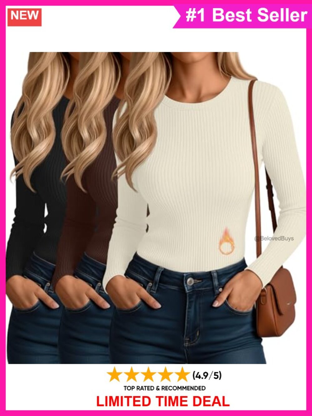 Women's 3 Pack Long Sleeve Fitted Thermal Tops Ribbed Slim Fit
